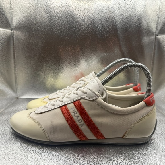Size EU 36 Prada Cream Red Stripe Mens Canvas Suede Leather Low Top Sneakers - Picture 6 of 10